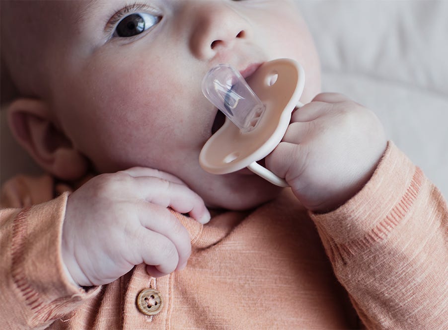a baby holding a soother