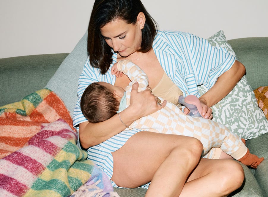 a woman expressing breast milk and breast feeding