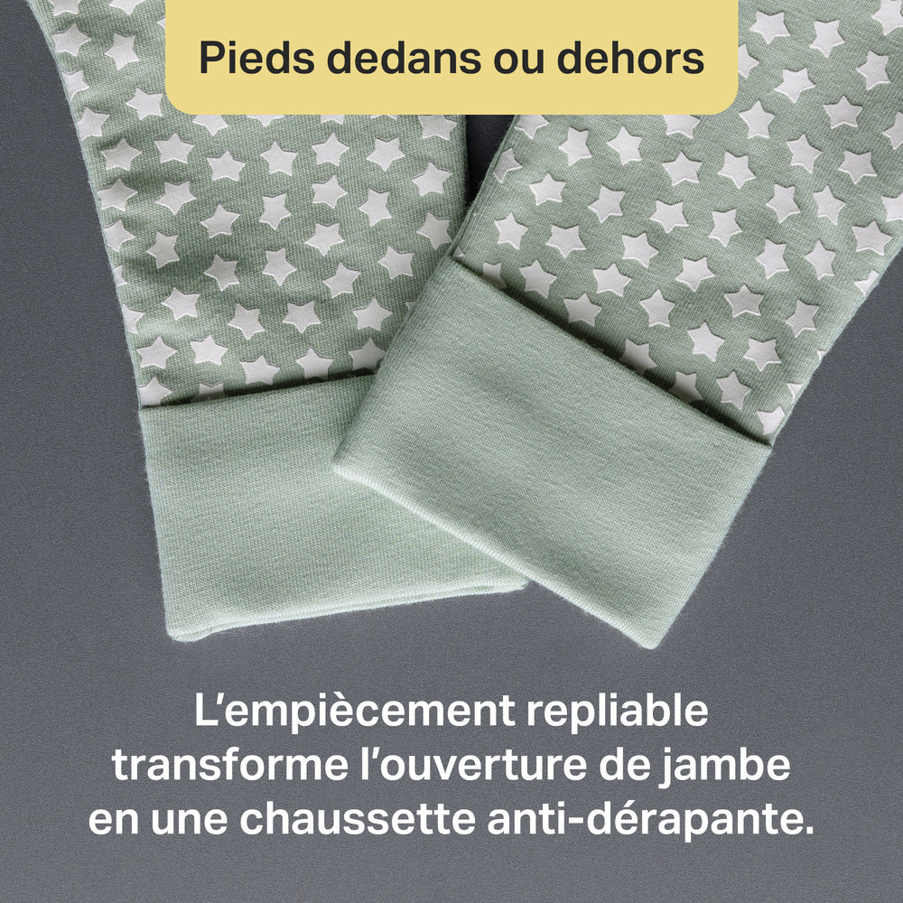 Green fabric with star pattern and text on a gray background