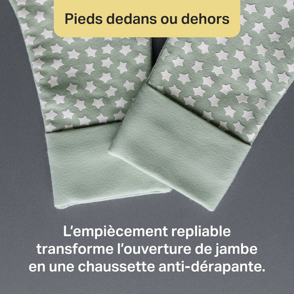 Green fabric with star pattern and text on a gray background