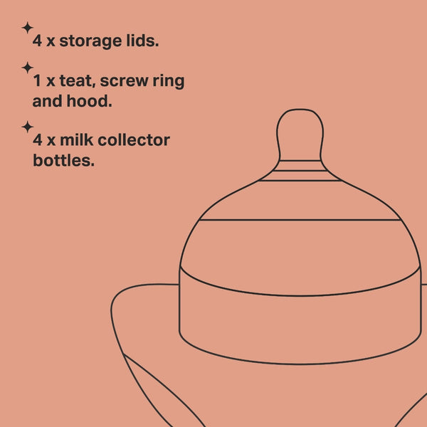 Keyline of the wearable collector bottle with nipple and key features listed.