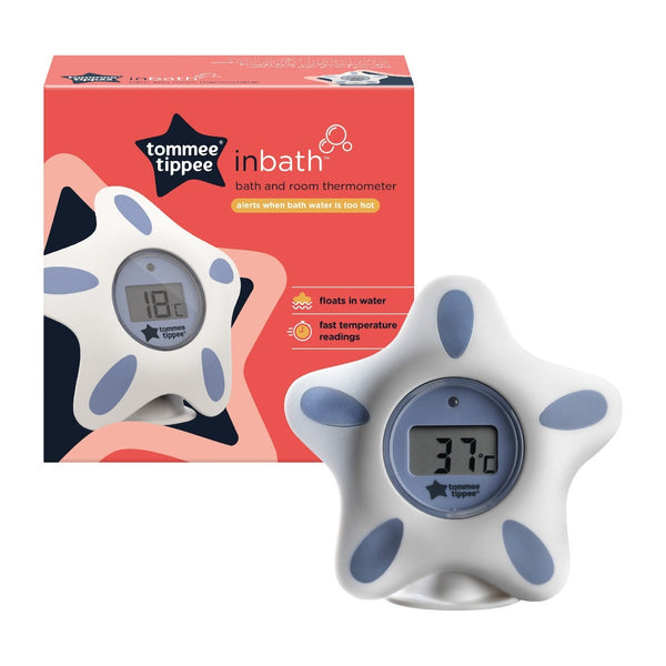 InBath baby bath and room thermometer next to packaging on white background.