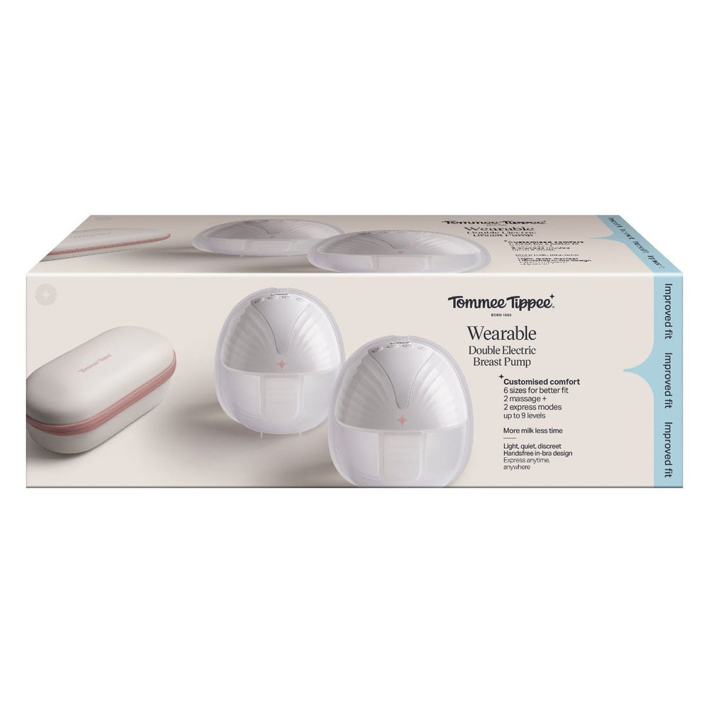 Packaging box showing the double wearable breast pump and carry case against a white background.