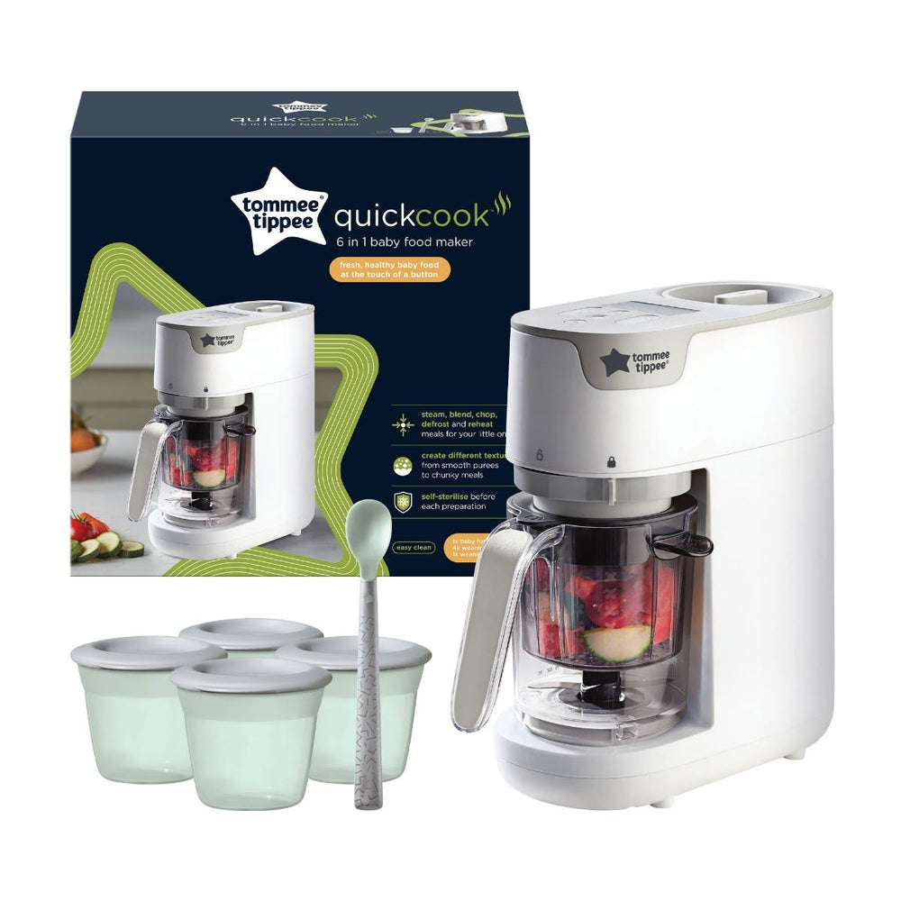 White quick cook baby food maker with its packaging box against a white background