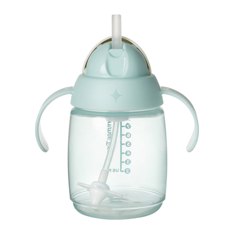 Light blue sippy cup with straw and handles on a white background