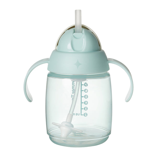 Light blue sippy cup with straw and handles on a white background
