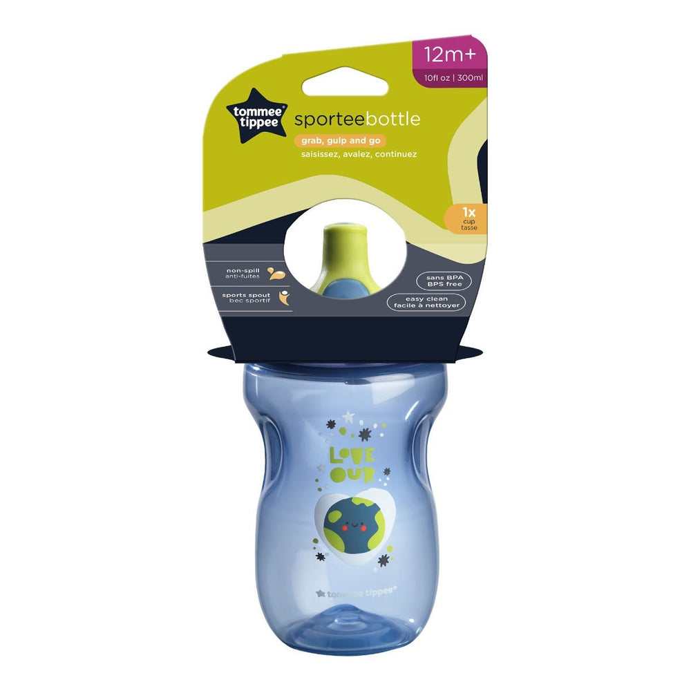 Blue sportee bottle in its packaging against white background