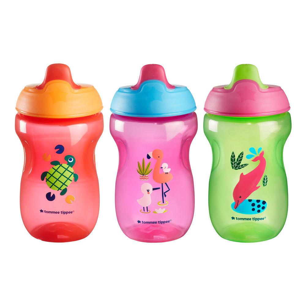 Three colorful children's sippy cups with animal illustrations on a white background
