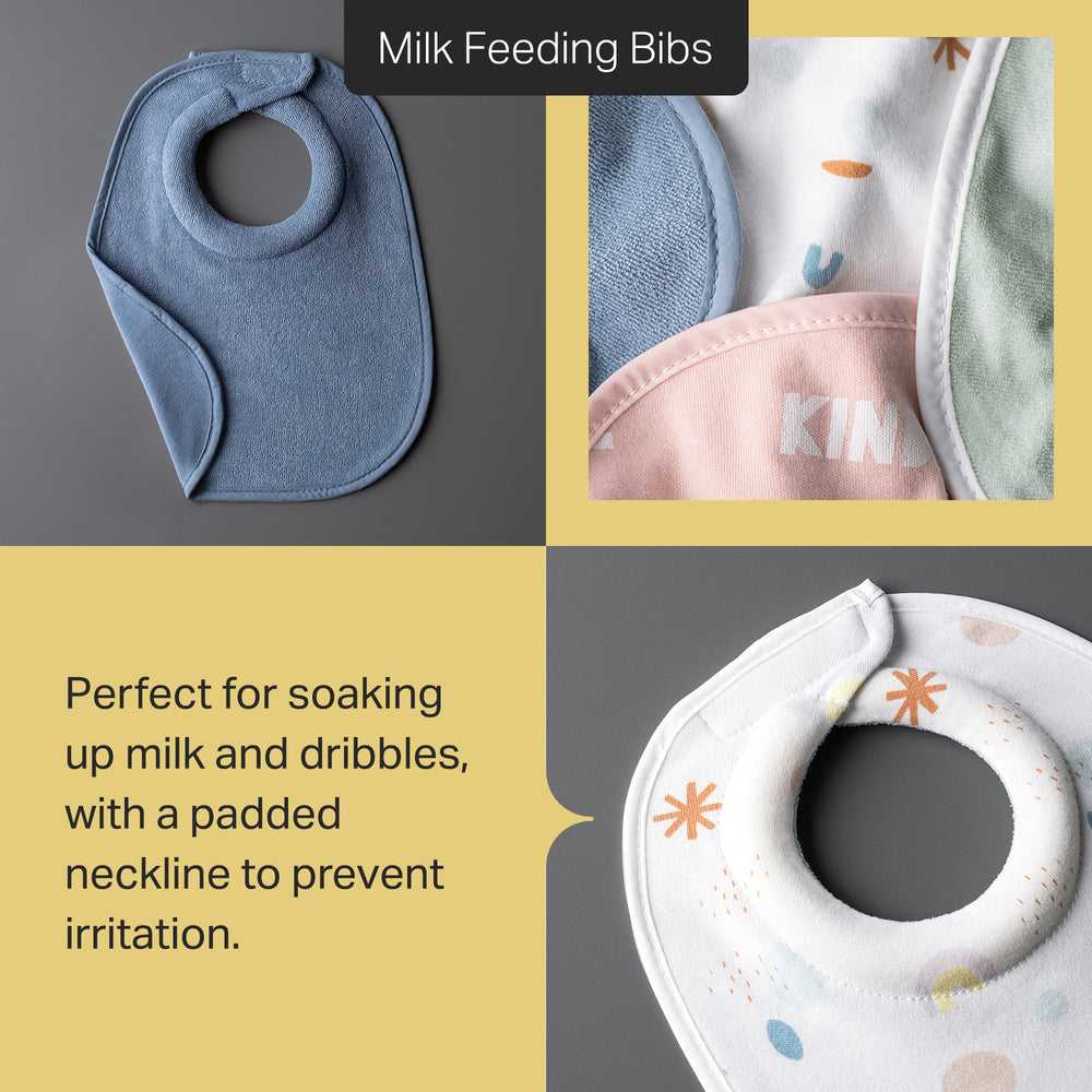 Grid style asset showing three different images of a Tommee Tippee milk feeding bibs with text stating “Perfect for soaking up milk and dribbles, with a padded neckline to prevent irritation.” 