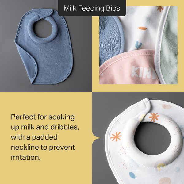 Grid style asset showing three different images of a Tommee Tippee milk feeding bibs with text stating “Perfect for soaking up milk and dribbles, with a padded neckline to prevent irritation.” 