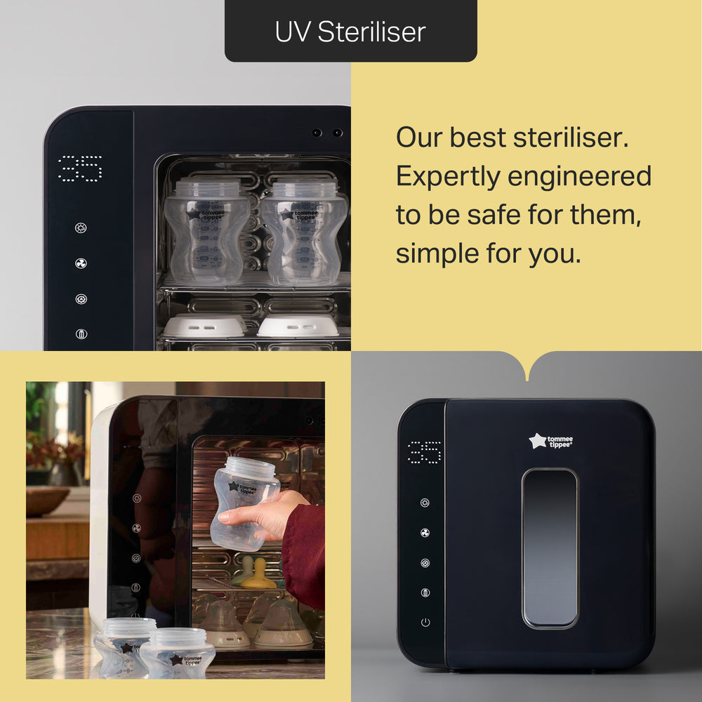 Grid style asset showing three different images of a Tommee Tippee UV steriliser with text stating “Our best steriliser. Expertly engineered to be safe for them, simple for you.” 