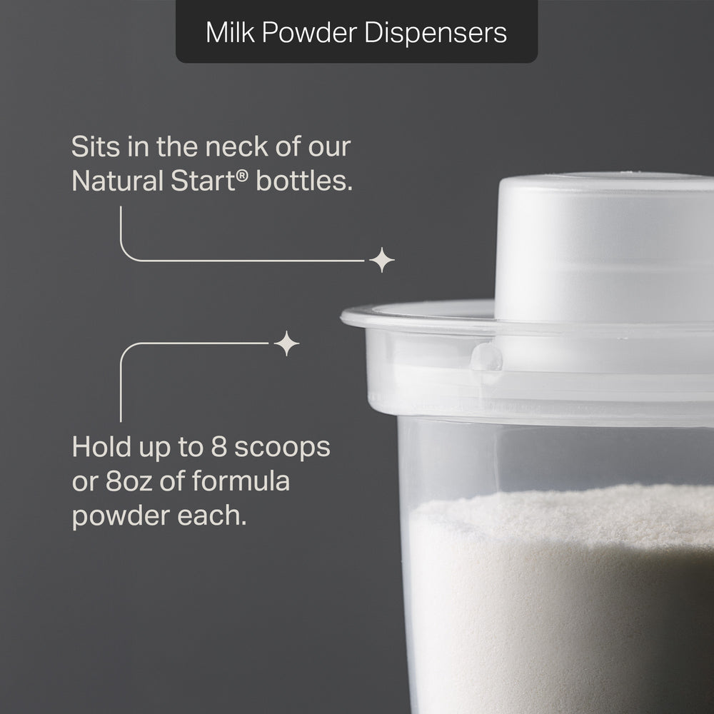 Tommee Tippee formula powder dispenser pot against a grey background with pointers to product features stating “Sits in the neck of our Natural Start bottles” and “Hold up to 8 scoops or 8oz of formula powder each.” 