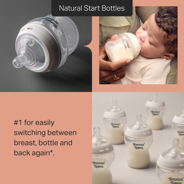 Grid style asset showing three different images of a Tommee Tippee Natural Start bottle with text stating “#1 for easily switching between breast, bottle and back again*.” 