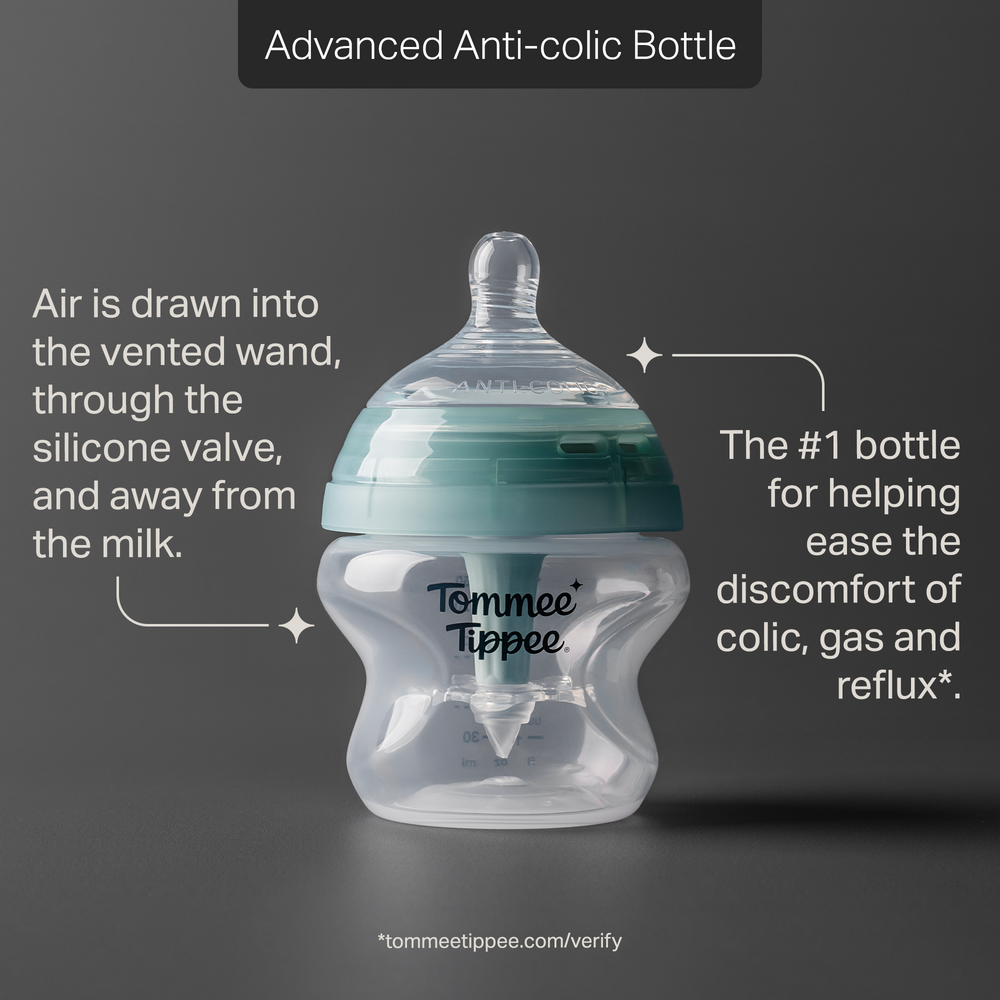 Tommee Tippee Advanced Anti-colic bottle against a grey background with pointers to product features stating “Air is drawn into the vented wand, through the silicone valve, and away from the milk.” and “The #1 bottle for helping ease the discomfort of colic, gas and reflux*.” 