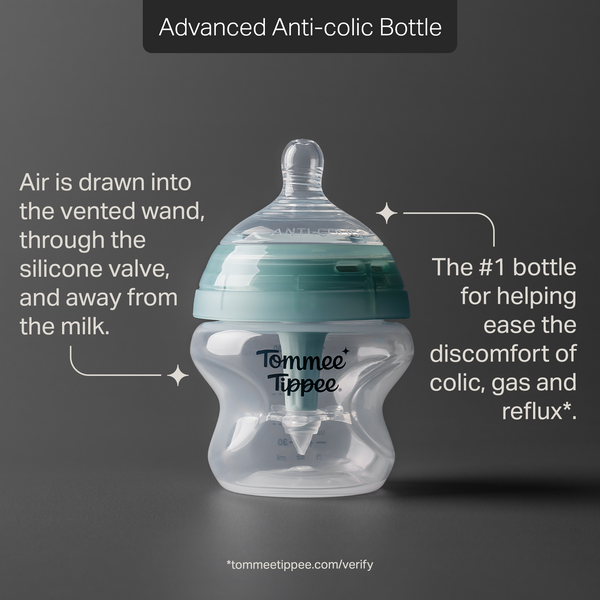 Tommee Tippee Advanced Anti-colic bottle against a grey background with pointers to product features stating “Air is drawn into the vented wand, through the silicone valve, and away from the milk.” and “The #1 bottle for helping ease the discomfort of colic, gas and reflux*.” 