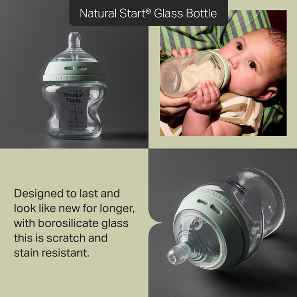 Grid style asset showing three different images of a Tommee Tippee glass bottle with text stating “Designed to last and look like new for longer, with borosilicate glass that is scratch and stain resistant.” 