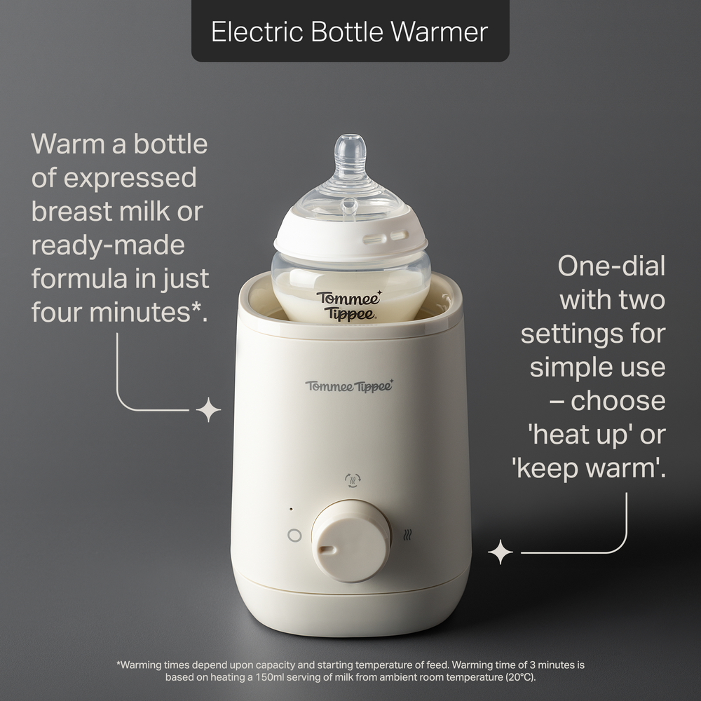 Tommee Tippee electric bottle warmer against a grey background with pointers to product features stating “Warm a bottle of expressed breast milk or ready-made formula in just four minutes*.” and “One-dial with two settings for simple use – choose ‘heat up’ or ‘keep warm’.” 