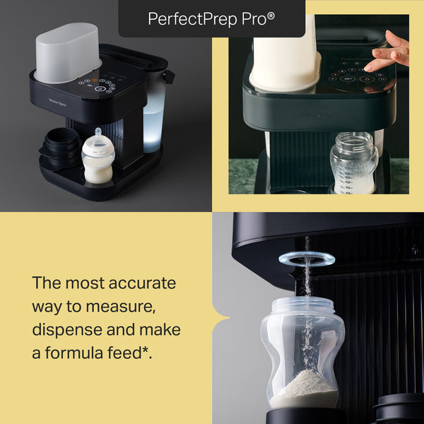 Grid style asset showing three different images of a Tommee Tippee Perfect Prep Pro with text stating “The most accurate way to measure, dispense and make a formula feed*.” 