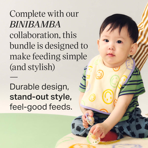Baby sat playing with Tommee Tippee x BINIBAMBA soothers with text overlay stating “Complete with our BINIBAMBA collaboration, this bundle is designed to make feeding simple (and stylish). Durable design, stand-out style, feel-good feeds.” 