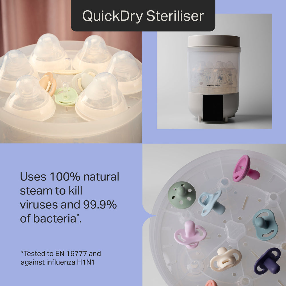 Grid style asset showing three different images of a Tommee Tippee QuickDry steriliser with text stating “Uses 100% natural steam to kill viruses and 99.9% of bacteria*.” 