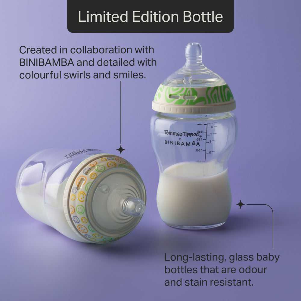 Tommee Tippee x BINIBAMBA Natural Start bottles against a purple background with pointers to the product features stating “Created in collaboration with BINIBAMBA and detailed with colourful swirls and smiles.” and “Long-lasting, glass baby bottles that are odour and stain resistant.” 