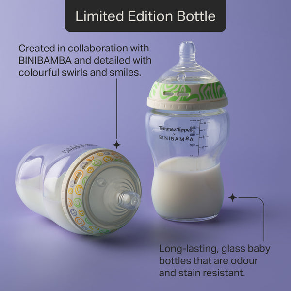 Tommee Tippee x BINIBAMBA Natural Start bottles against a purple background with pointers to the product features stating “Created in collaboration with BINIBAMBA and detailed with colourful swirls and smiles.” and “Long-lasting, glass baby bottles that are odour and stain resistant.” 