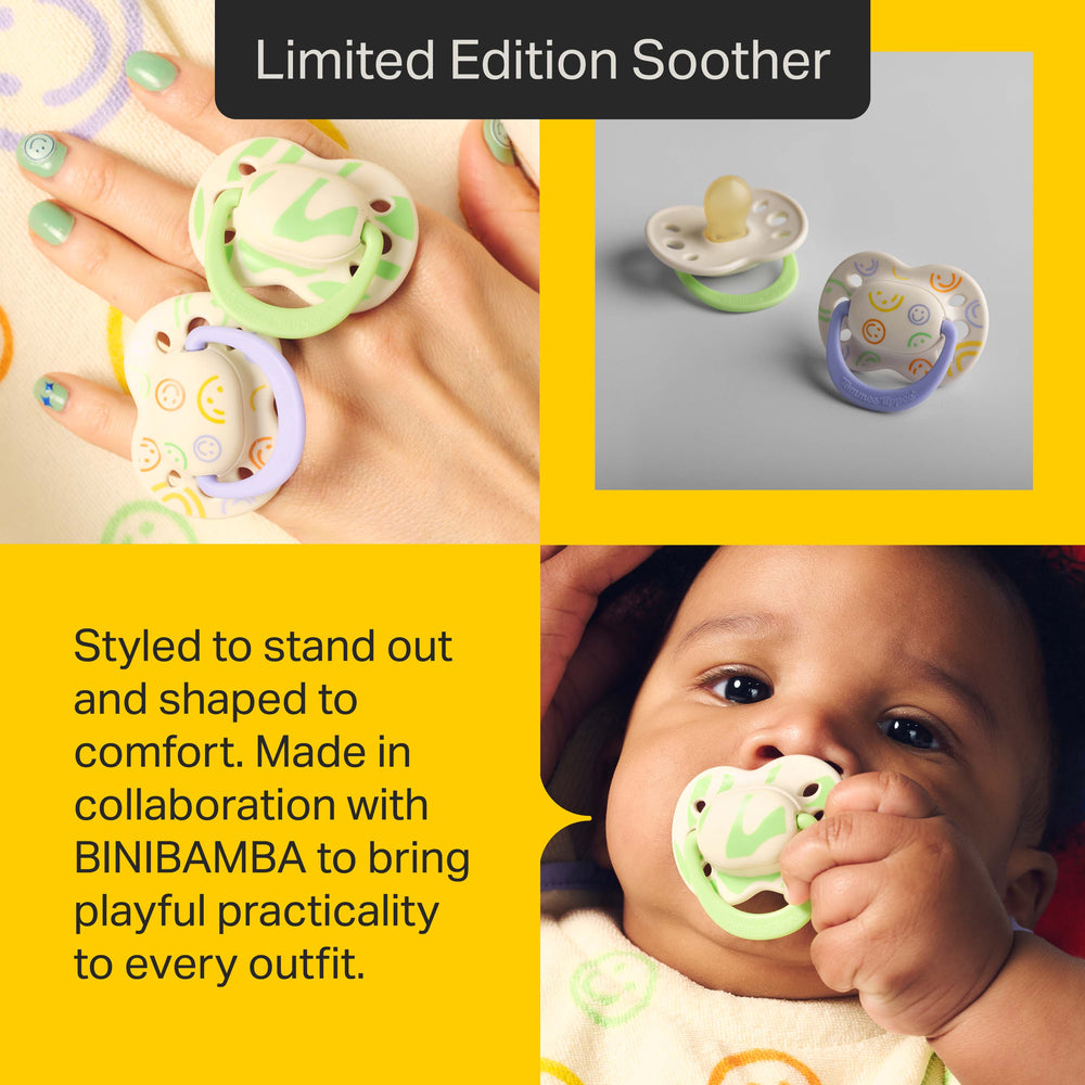 Grid style asset showing three different images of a Tommee Tippee x BINIBAMBA soothers with text stating “Styled to stand out and shaped to comfort. Made in collaboration with BINIBAMBA to bring playful practicality to every outfit.” 
