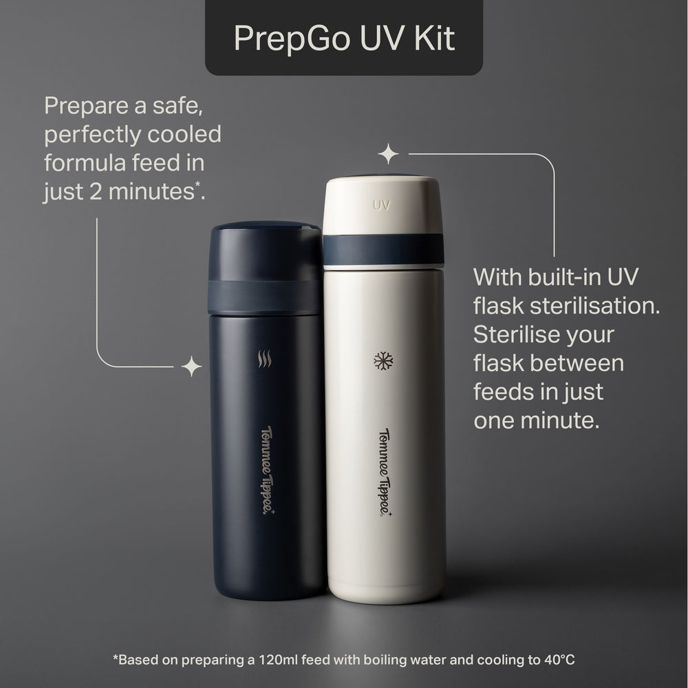 Tommee Tippee PrepGo UV Kit against a grey background with pointers to product features stating “Prepare a safe, perfectly cooled formula feed in just 2 minutes*.” and “With built-in UV flask sterilisation. Sterilise your flask between feeds in just one minute.” 