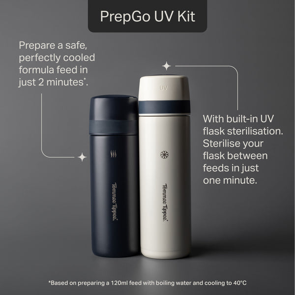 Tommee Tippee PrepGo UV Kit against a grey background with pointers to product features stating “Prepare a safe, perfectly cooled formula feed in just 2 minutes*.” and “With built-in UV flask sterilisation. Sterilise your flask between feeds in just one minute.” 