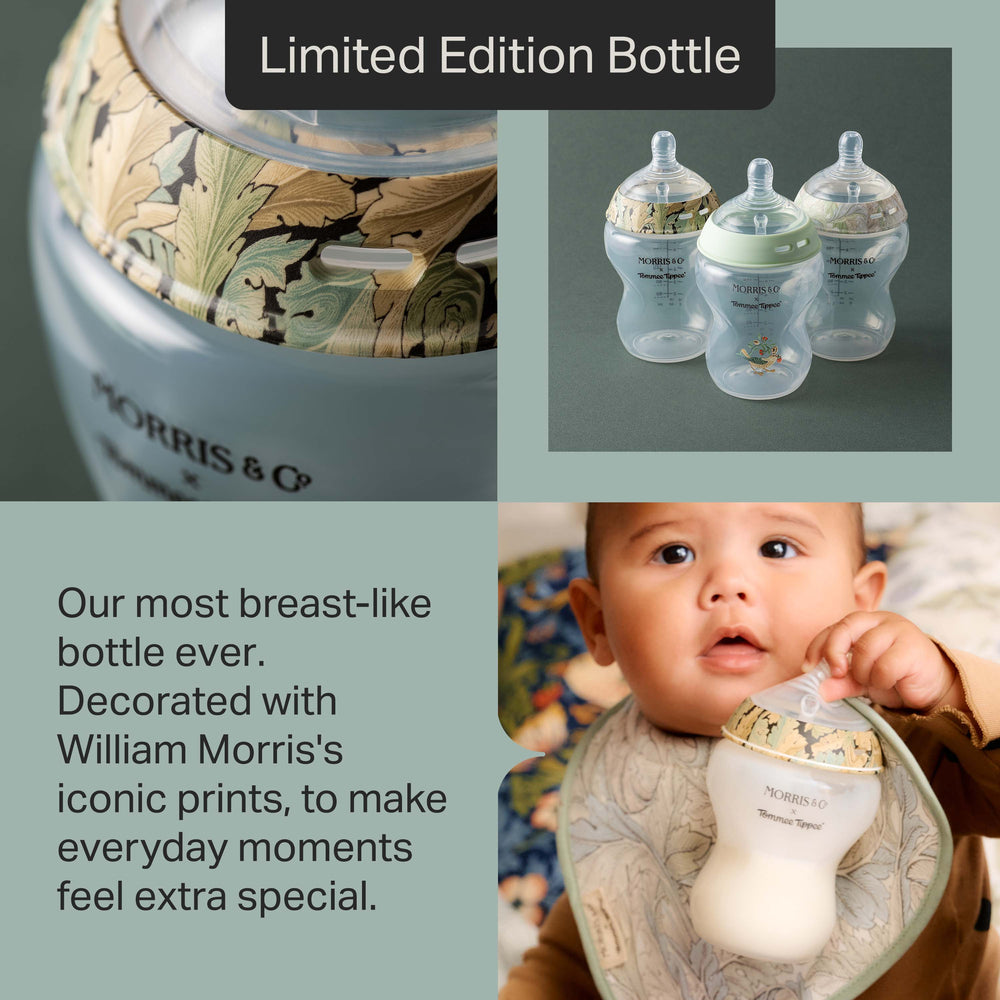 Grid style asset showing three different images of a Tommee Tippee x Morris & Co Natural Start bottles with text stating “Our most breast-like bottle ever. Decorated with William Morris’ iconic prints, to make everyday moments feel extra special.” 