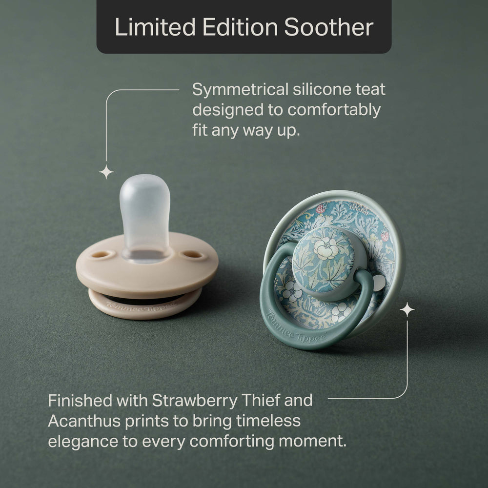 Tommee Tippee x Morris & Co soothers against a grey background with pointers to the product features stating “Symmetrical silicone teat designed to comfortably fit any way up.” and “Finished with Strawberry Thief and Acanthus prints to bring timeless elegance to every comforting moment.” 
