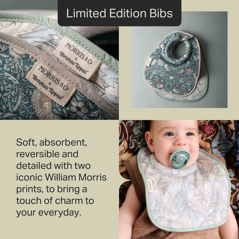 Grid style asset showing three different images of a Tommee Tippee x Morris & Co milk feeding bibs with text stating “Soft, absorbent, reversible and detailed with two iconic William Morris prints, to bring a touch of charm to your everyday.” 