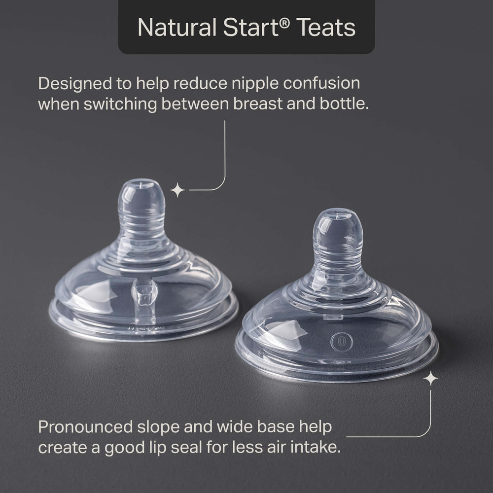 Tommee Tippee Natural Start teats against a grey background with pointers to the product features stating “Designed to help reduce nipple confusion when switching between breast and bottle.” and “Pronounced slope and wide base help create a good lip seal for less air intake.” 