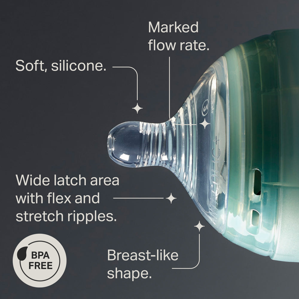 BPA-free silicone nipple with labeled features on a dark background