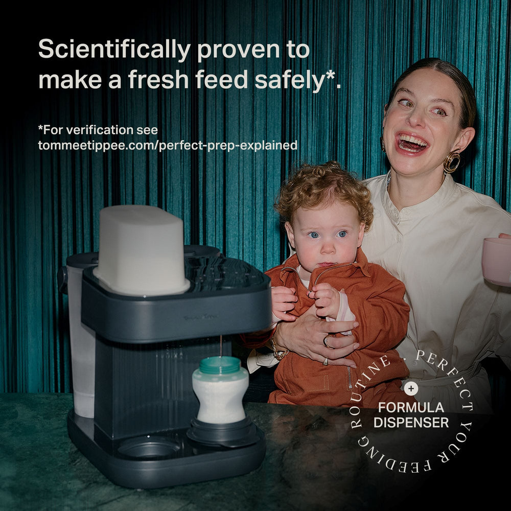 Image of a woman sat with a toddler with a Perfect Prep Pro sitting on a kitchen worktop next to them with text overlay of product messaging