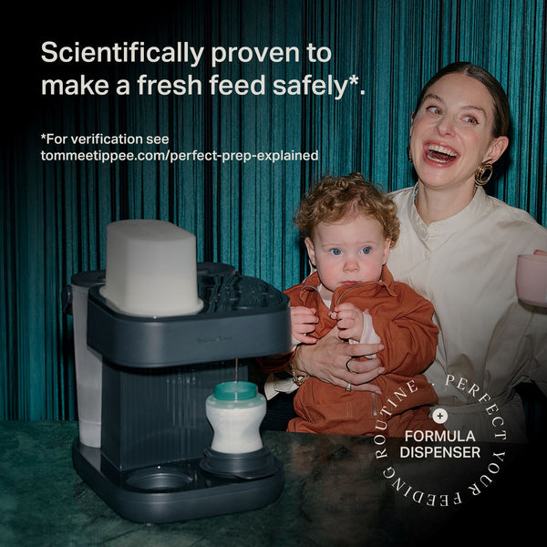 Image of a woman sat with a toddler with a Perfect Prep Pro sitting on a kitchen worktop next to them with text overlay of product messaging