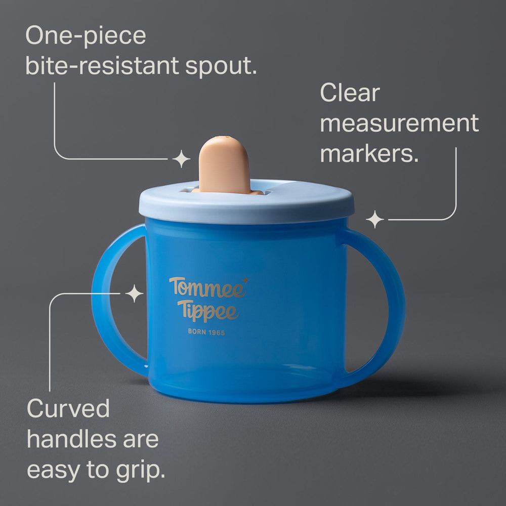 Blue first cup against a grey background with pointers to the key product features