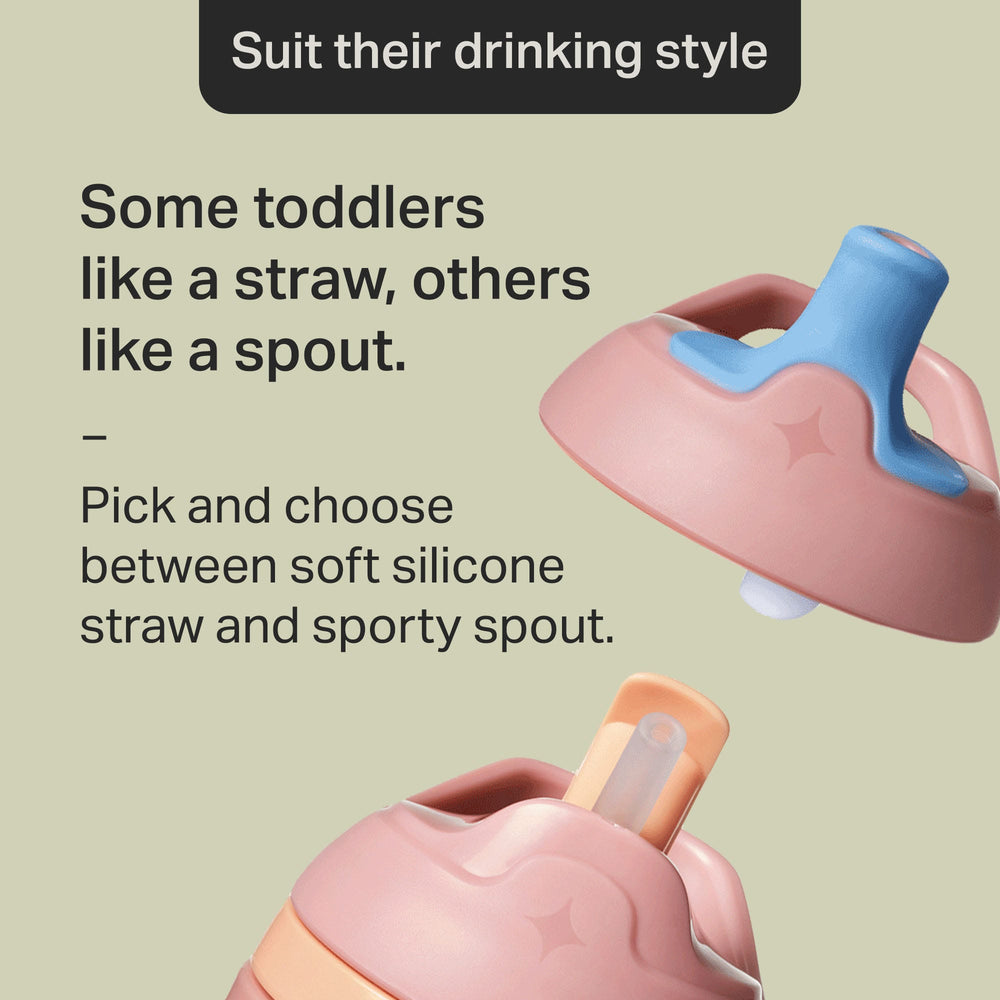 Image showing the spout lid and the straw lid against a green background with text about how you can pick and choose between the two