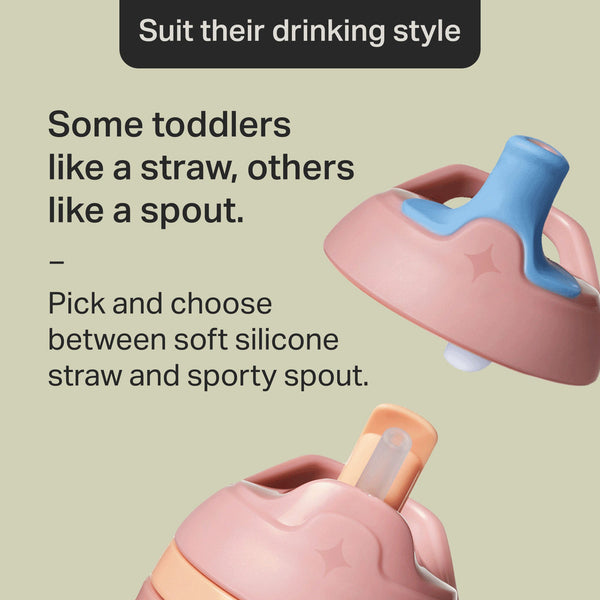 Image showing the spout lid and the straw lid against a green background with text about how you can pick and choose between the two