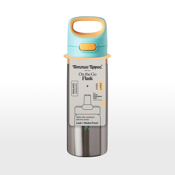 Tommee Tippee On-the-Go Stainless Steel Insulated Bottle in it's packaging against a white background