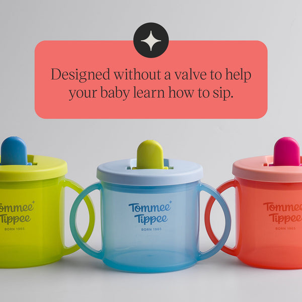 Three Tommee Tippee First Cups in a line against a grey background with text stating 