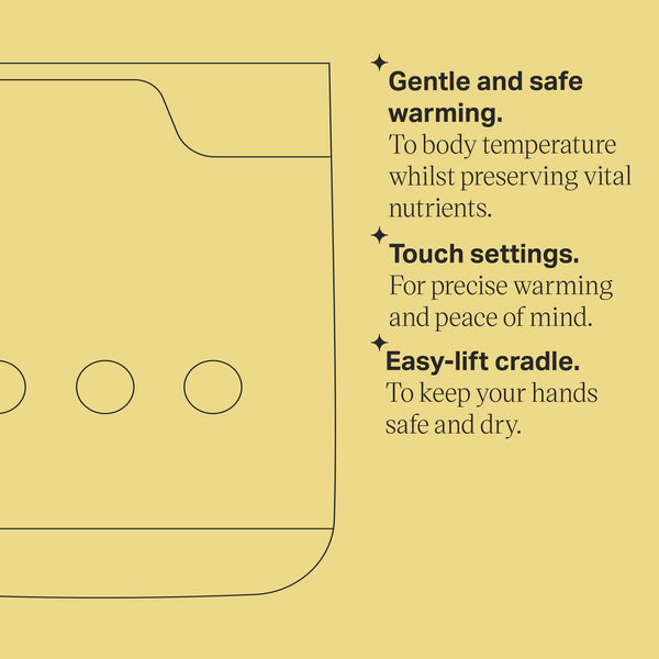 Multiwarm bottle warmer keyline drawing with product feature bullet points