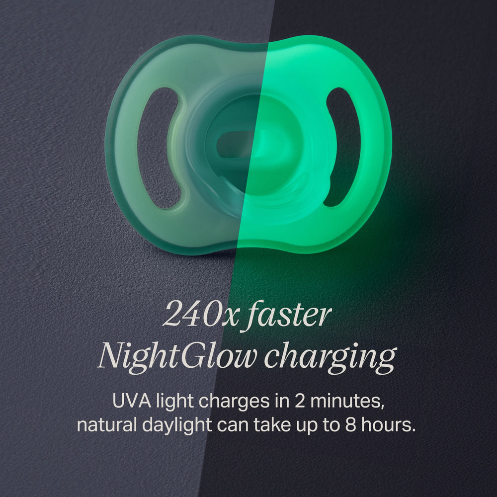 Ultra-light NightGlow soother in two halves to show charge with the NightGlow Pod versus daylight.
