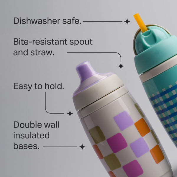 Tomme Tippee Insulated Active Spout and Straw Cups against a grey background with pointers stating 