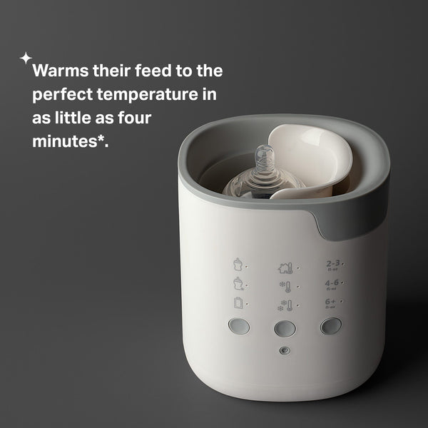 Multiwarm bottle warmer against a grey background with product USP tagline