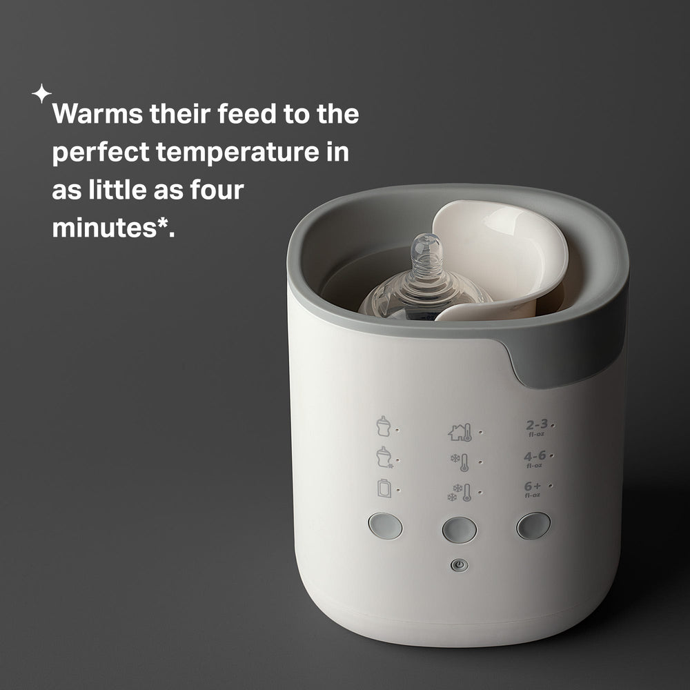 Multiwarm bottle warmer against a grey background with product USP tagline