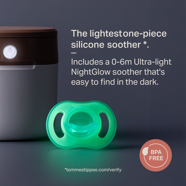 Glow in the dark soother next to the NightGlow Pod with text calling out the lightweight soother.