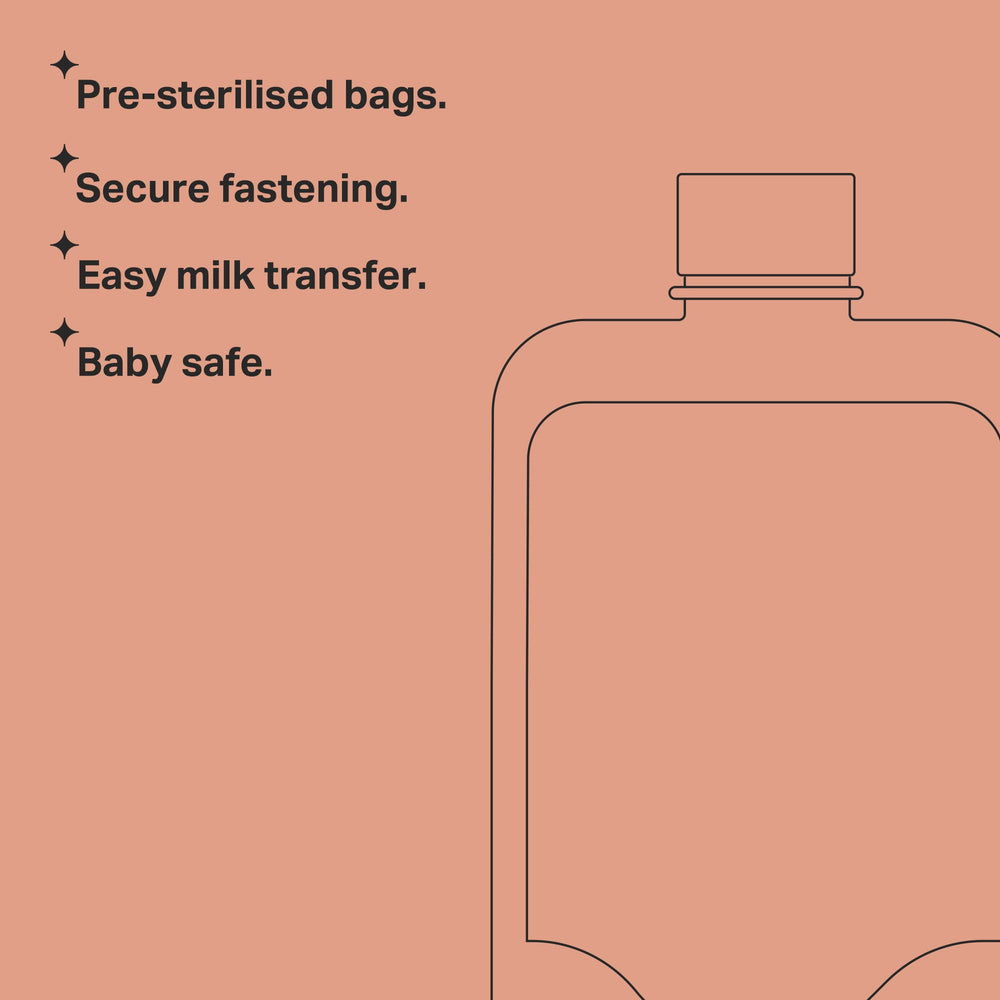 Keyline image of a breast milk storage bag with key features listed.