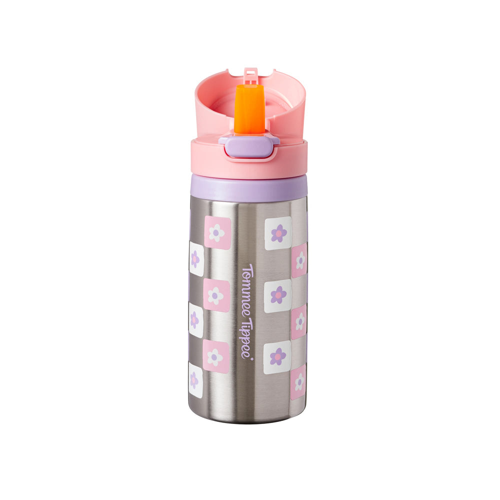 Pink Tommee Tippee On-the-Go Stainless Steel Insulated Bottle with the lid open to show the straw against a white background