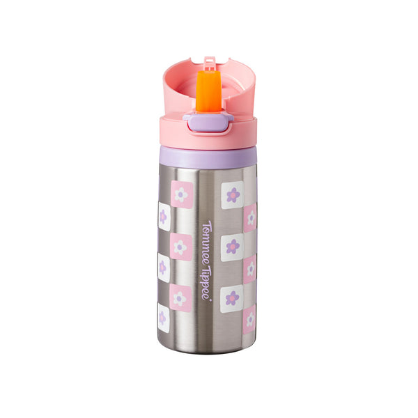 Pink Tommee Tippee On-the-Go Stainless Steel Insulated Bottle with the lid open to show the straw against a white background